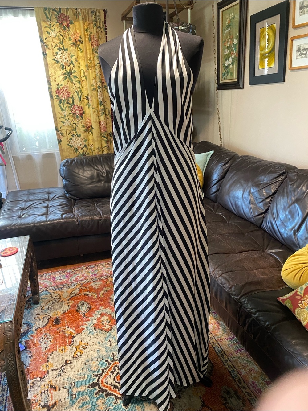 NWT EXPRESS Black & White Striped Halter Maxi Dress Size L